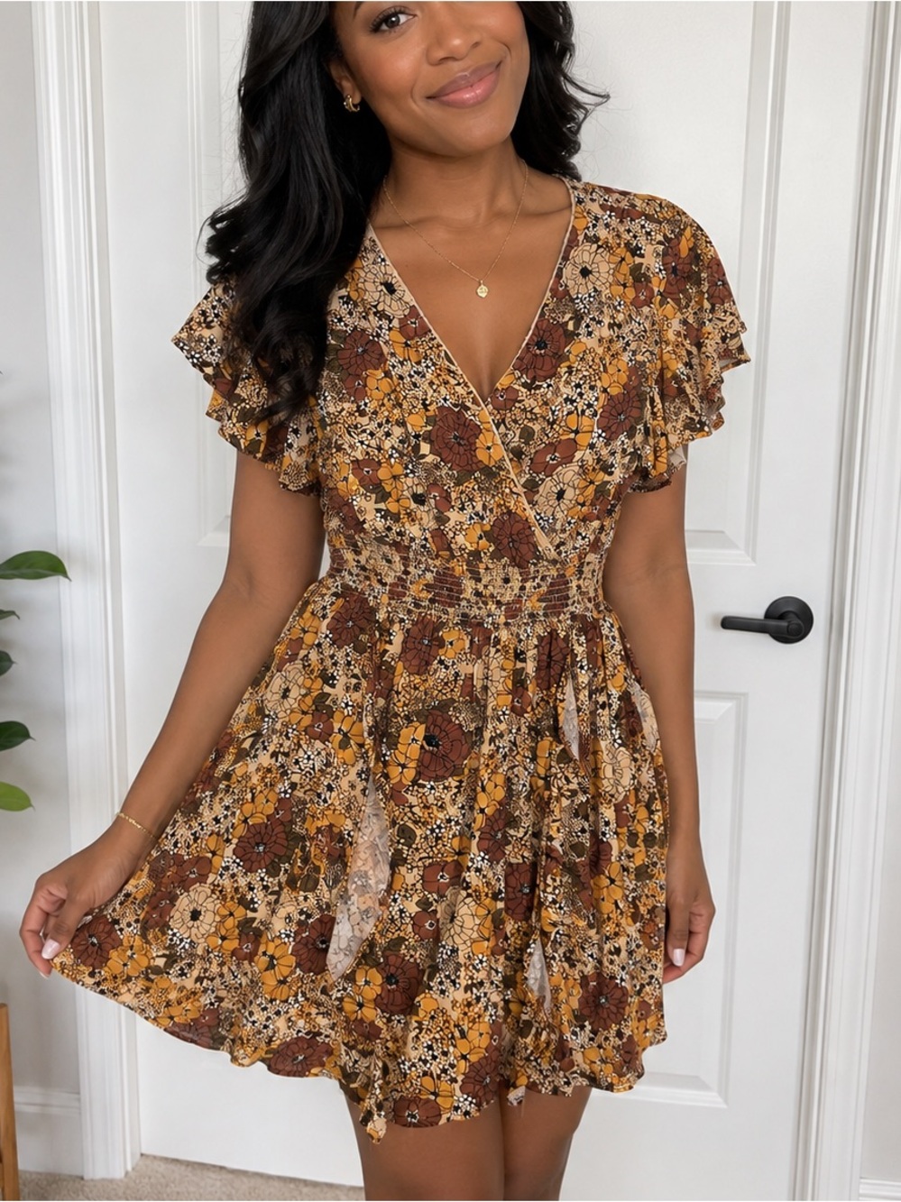 Women's Floral V-Neck Brown Tiered Mini Dress